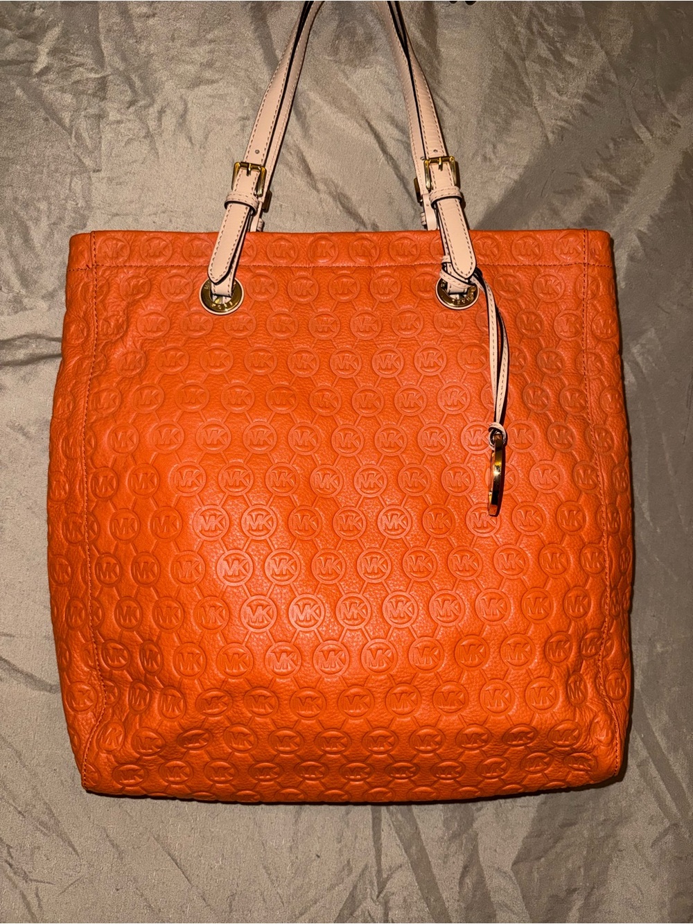 Michael Kors Orange Embossed Leather Tote with Neutral Straps